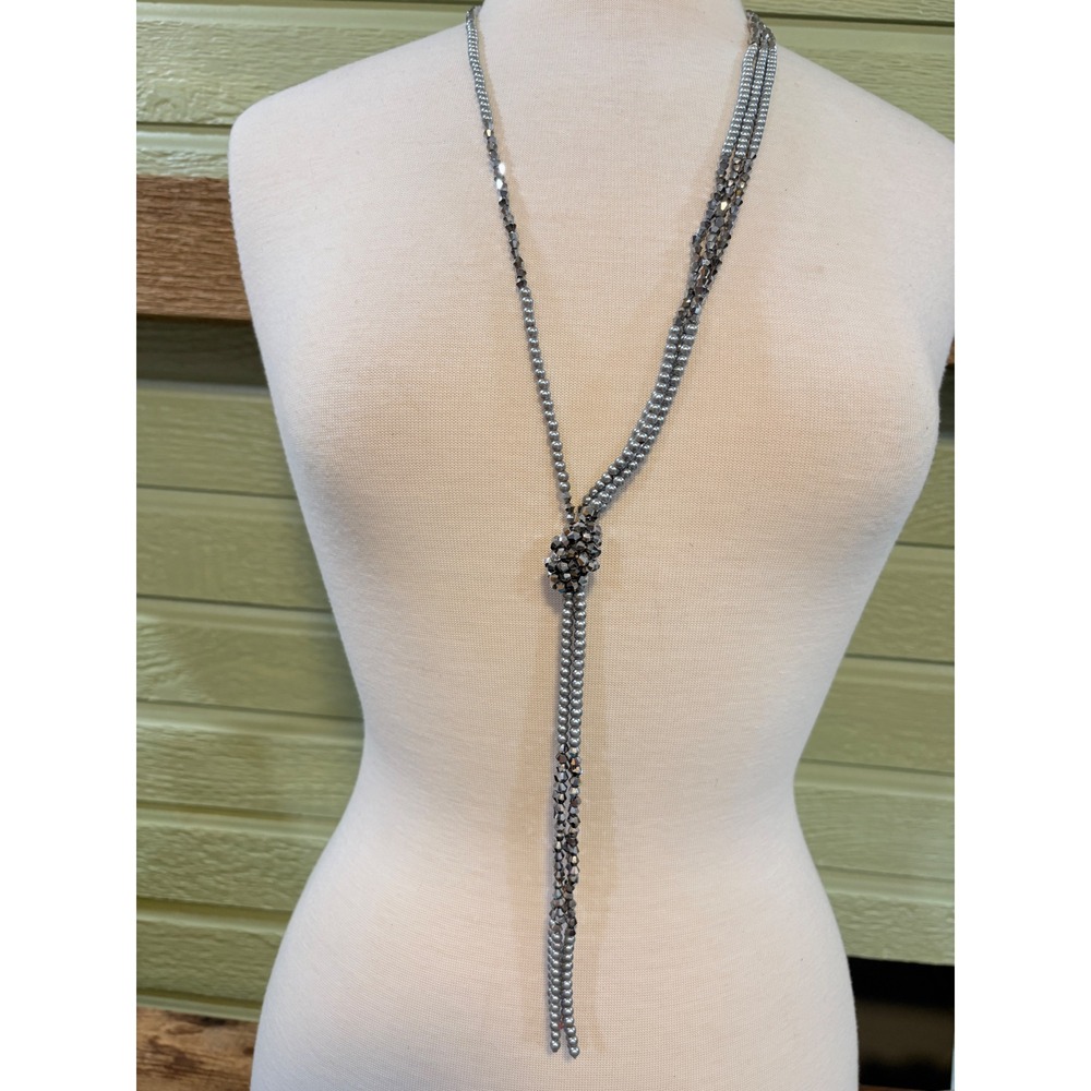 Gunmetal Grey Multi-Strand Beaded Lariat Necklace‎ Knotted Tassel
